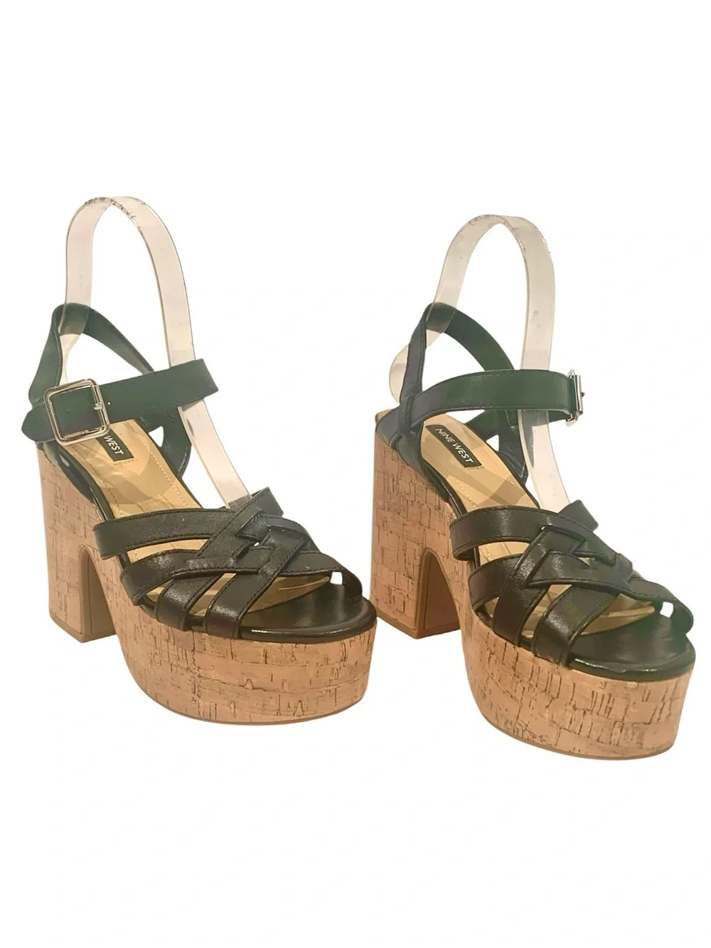 Nine West Black Strappy Cork Platform Sandals